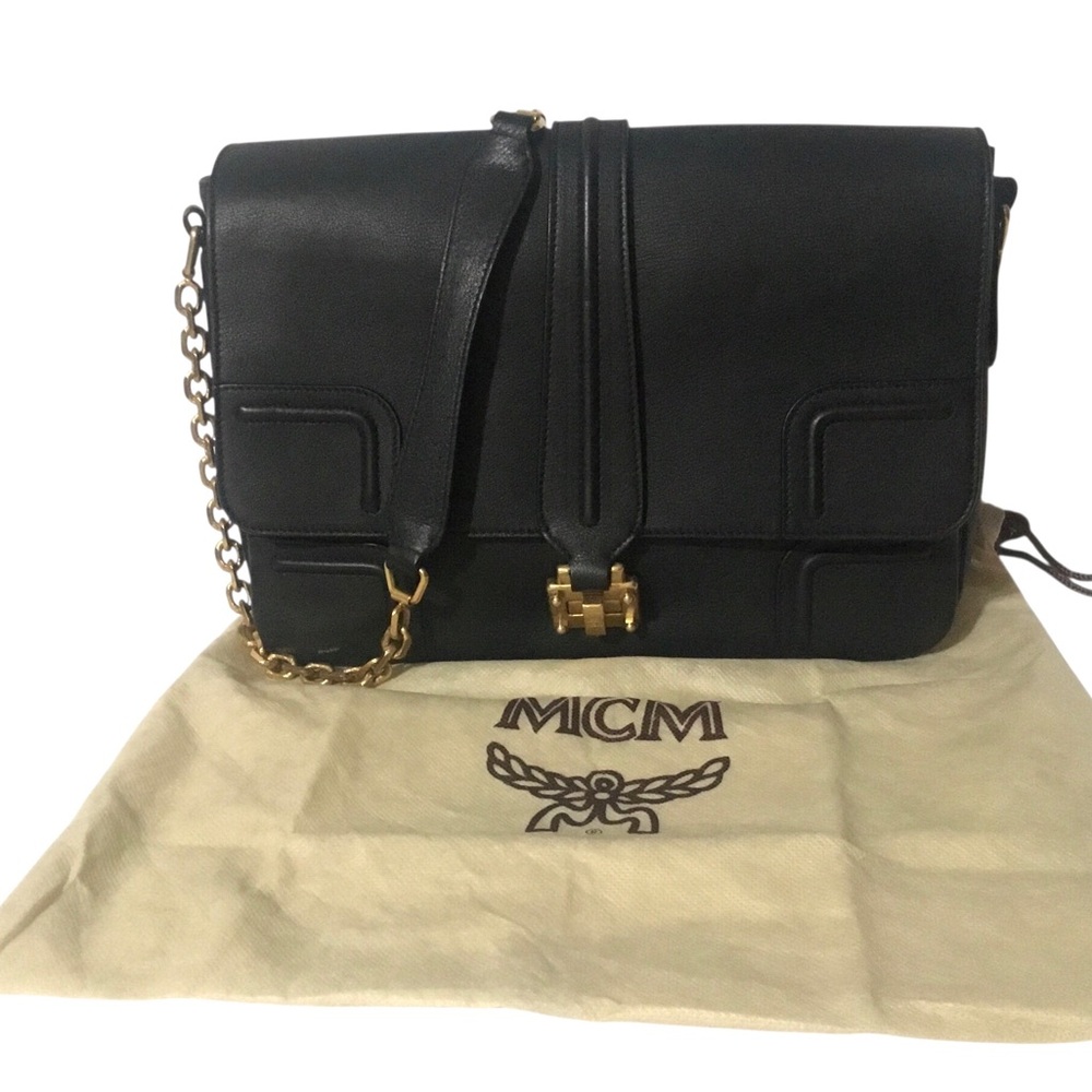 MCM Black Leather Shoulder Bag Gold Hardware with Dustbag